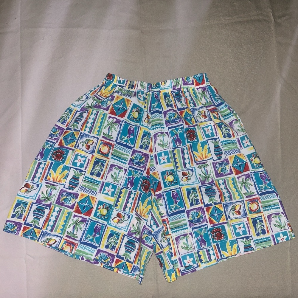 80s Floral Patchwork Colorful Patterned Bermuda S… - image 1